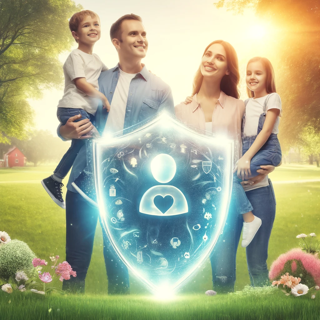 DALL·E 2024-04-25 13.13.25 - A symbolic image of a happy family standing together outdoors, smiling and looking content. Behind them is an ethereal, translucent shield radiating a