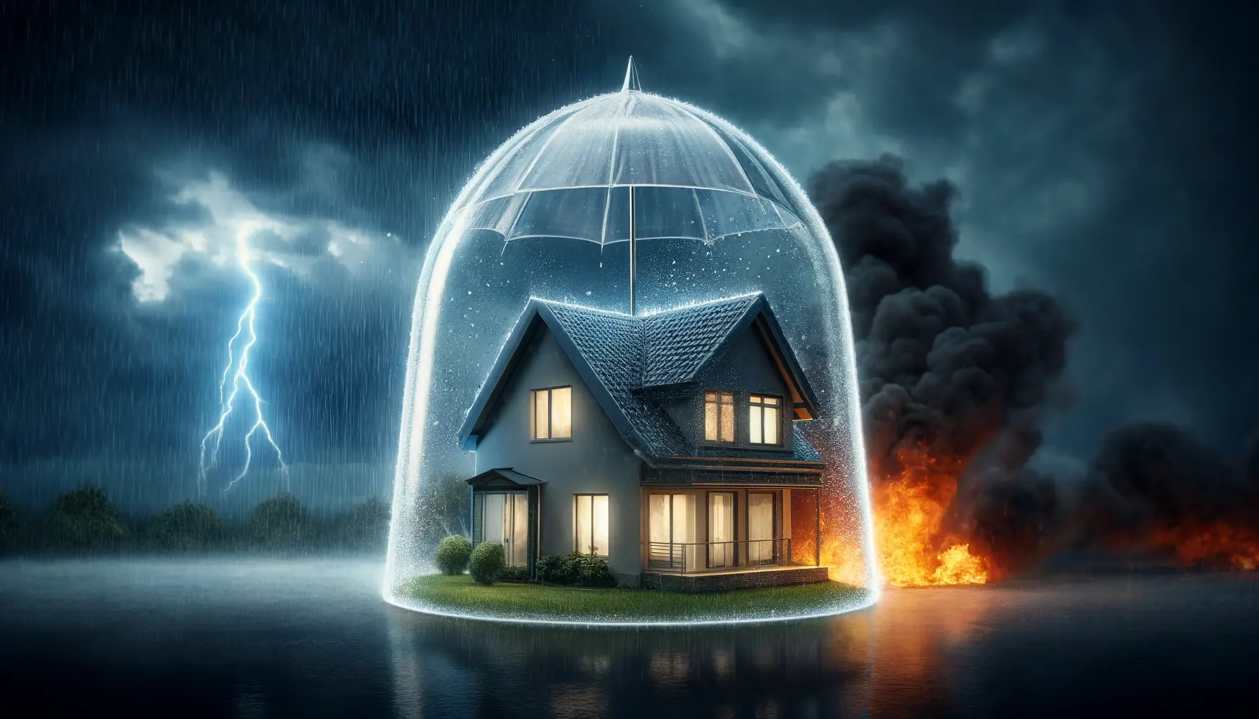 DALL·E 2024-04-25 14.20.10 - A conceptual image showing a house shielded from a hail storm or a fire. The house is depicted with a transparent, glowing shield enveloping it, prote