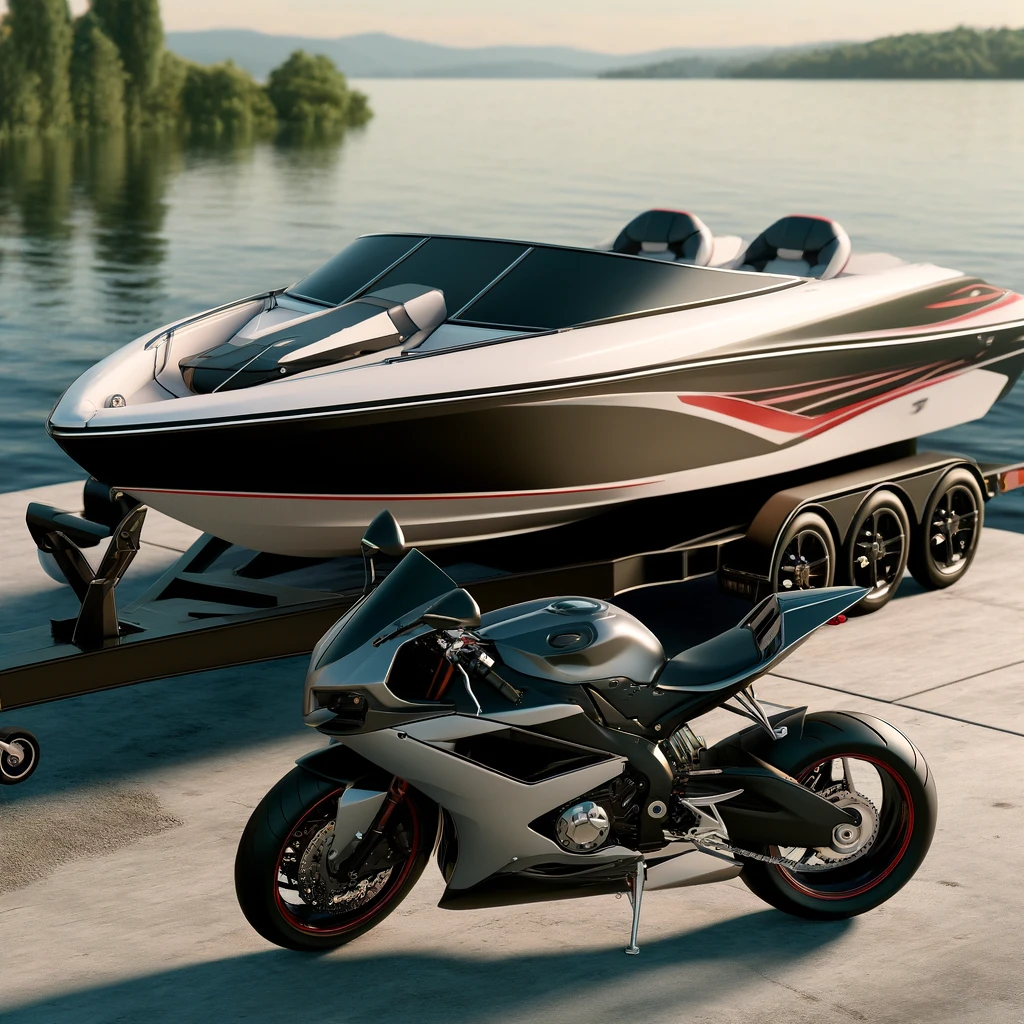 DALL·E 2024-04-25 14.45.19 - A realistic scene featuring a ski boat and a motorcycle parked side by side. The ski boat is sleek and designed for speed, prominently displayed on a 