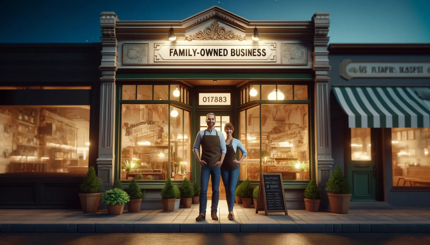 DALL·E 2024-04-25 21.02.48 - A wide-angle photorealistic image of a charming, small family-owned business at dusk. The storefront sign should be clearly visible with the correct s